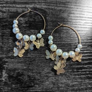 Gold Tone Butterfly Pearl Hoop Earrings